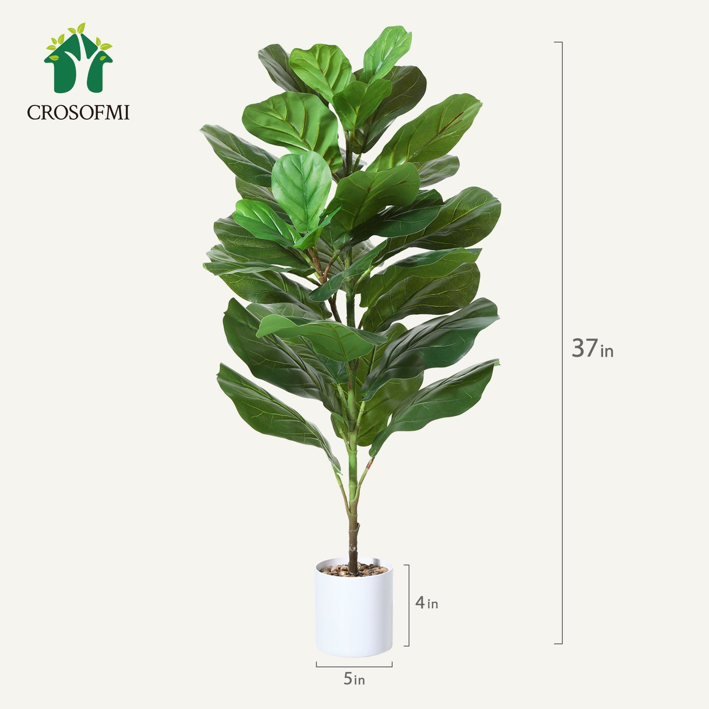 CROSOFMI Artificial Mini Fiddle Leaf Fig Tree 37 Inch Fake Ficus Lyrata Plant with 15 Leaves Faux Plants in White Pot for Indoor House Home Office Modern Decoration Perfect Housewarming Gift