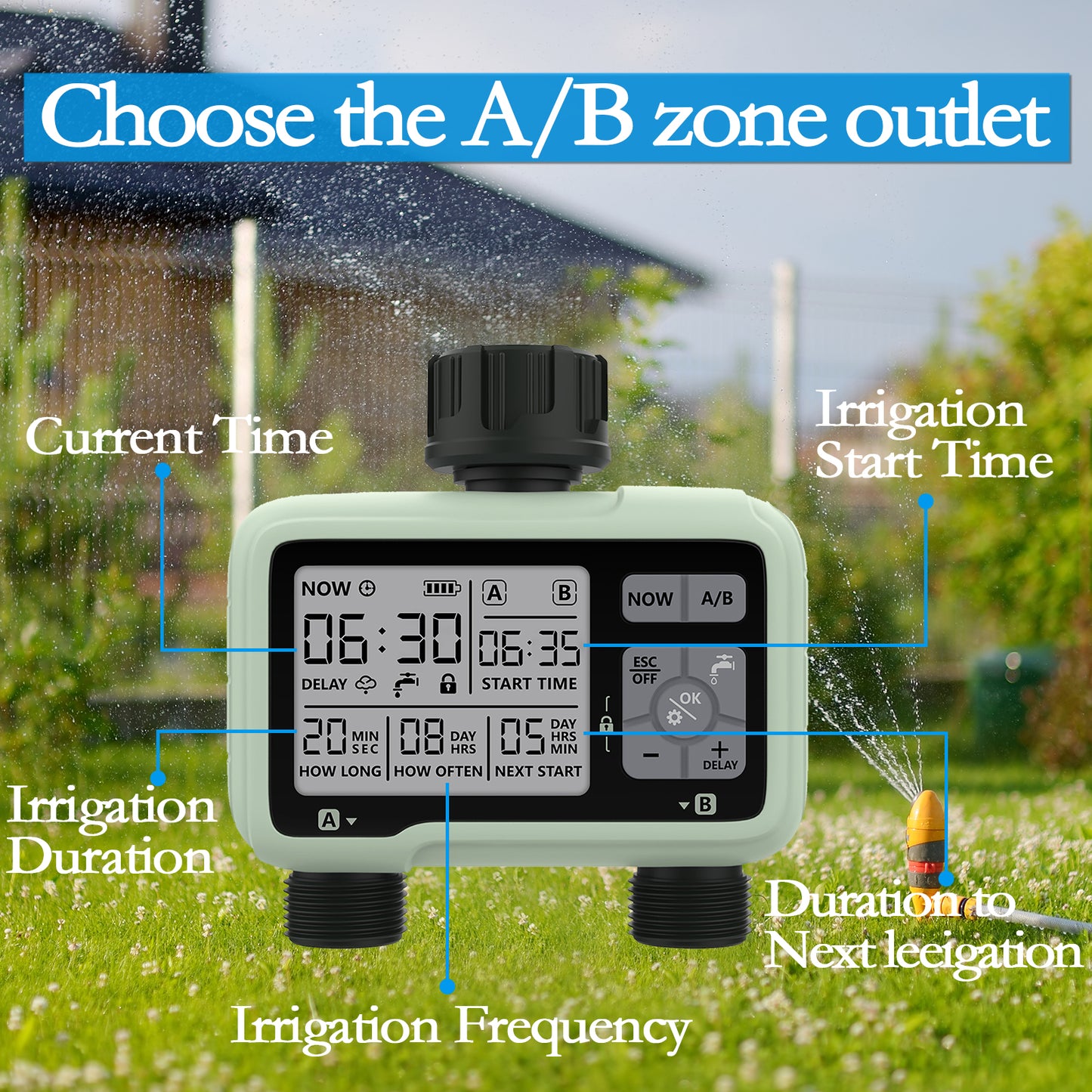 CROSOFMI Water Timer 2 Outputs Garden Water Timer Automatic Irrigation/LCD Screen/Easy Operation/Child Lock/Heavy Rain Delay/Manual Irrigation