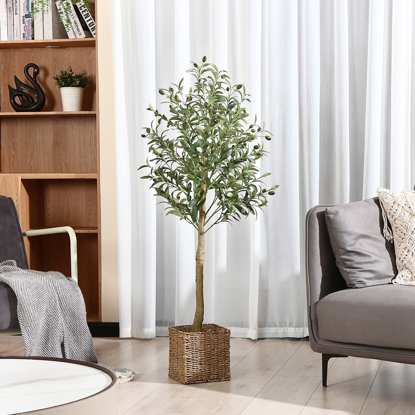 CROSOFMI Artificial Olive Tree, 6FT Fake Olive Plant in Pot, Tall Faux Plant,Potted Faux Topiary Silk Tree for Indoor Entryway Decor Outdoor Home Office Gift