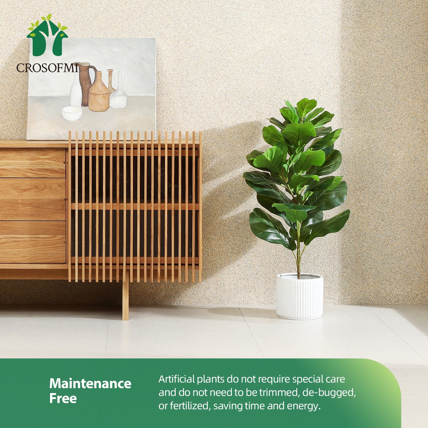CROSOFMI Artificial Mini Fiddle Leaf Fig Tree 37 Inch Fake Ficus Lyrata Plant with 32 Leaves Faux Plants in Pot for Indoor House Home Office Modern Decoration Perfect Housewarming Gift