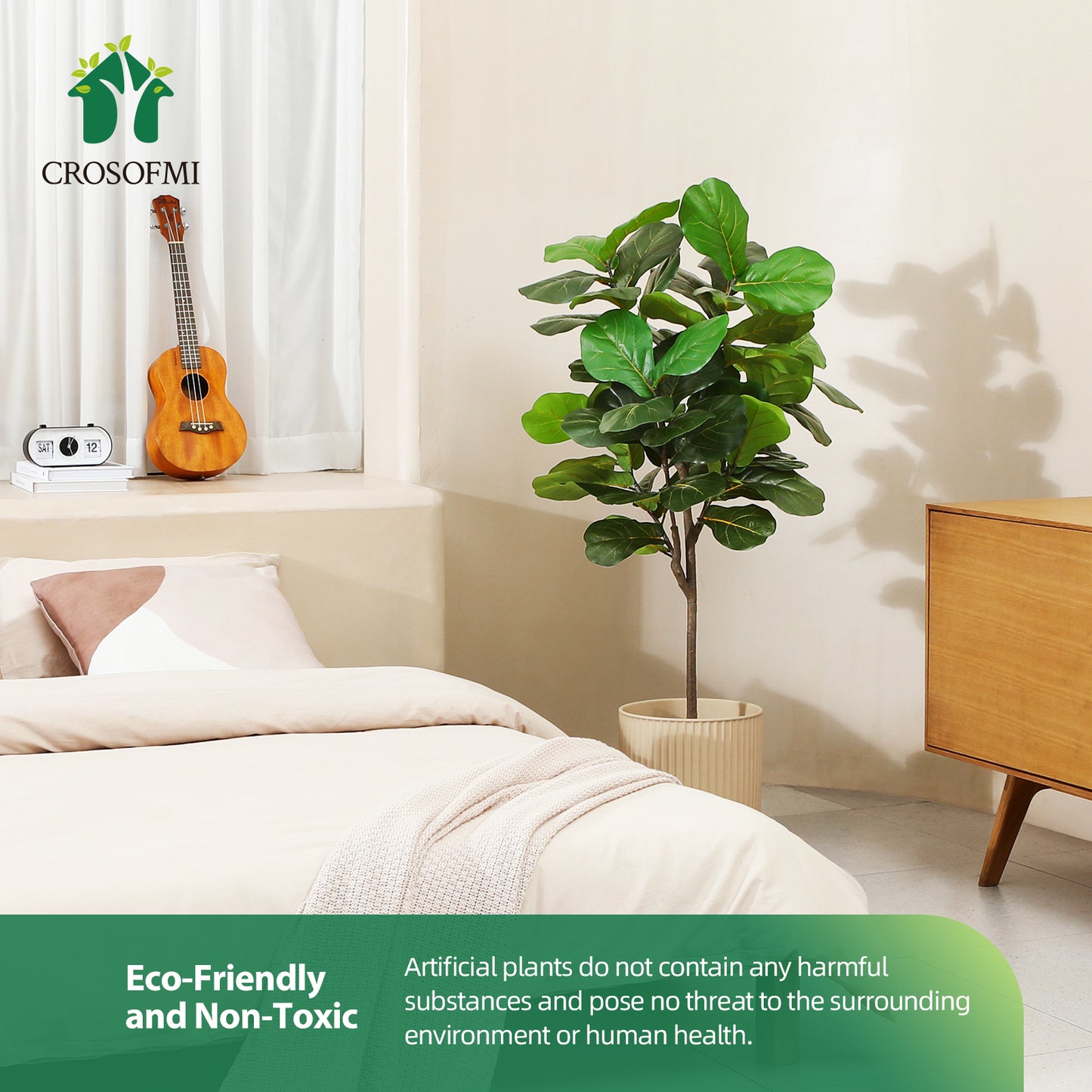 CROSOFMI Artificial Fiddle Leaf Fig Tree 50 Inch Fake Ficus Lyrata Plant with 56 Leaves Faux Plants in Pot for Indoor Outdoor House Home Office Garden Modern Decoration Perfect Housewarming Gift，2pcs