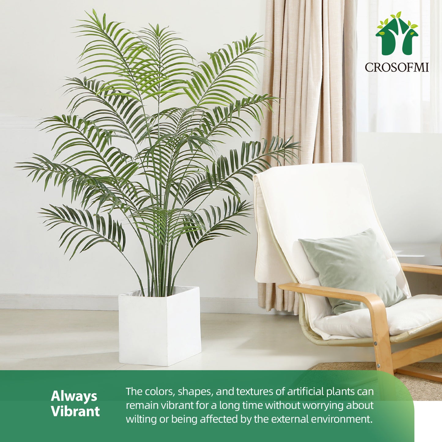 CROSOFMI Artificial Areca Palm Plant 5.5 Feet Fake Palm Tree with 15 Leaves Faux Yellow Palm in Pot for Indoor Outdoor House Home Office Modern Decoration Perfect Housewarming Gift