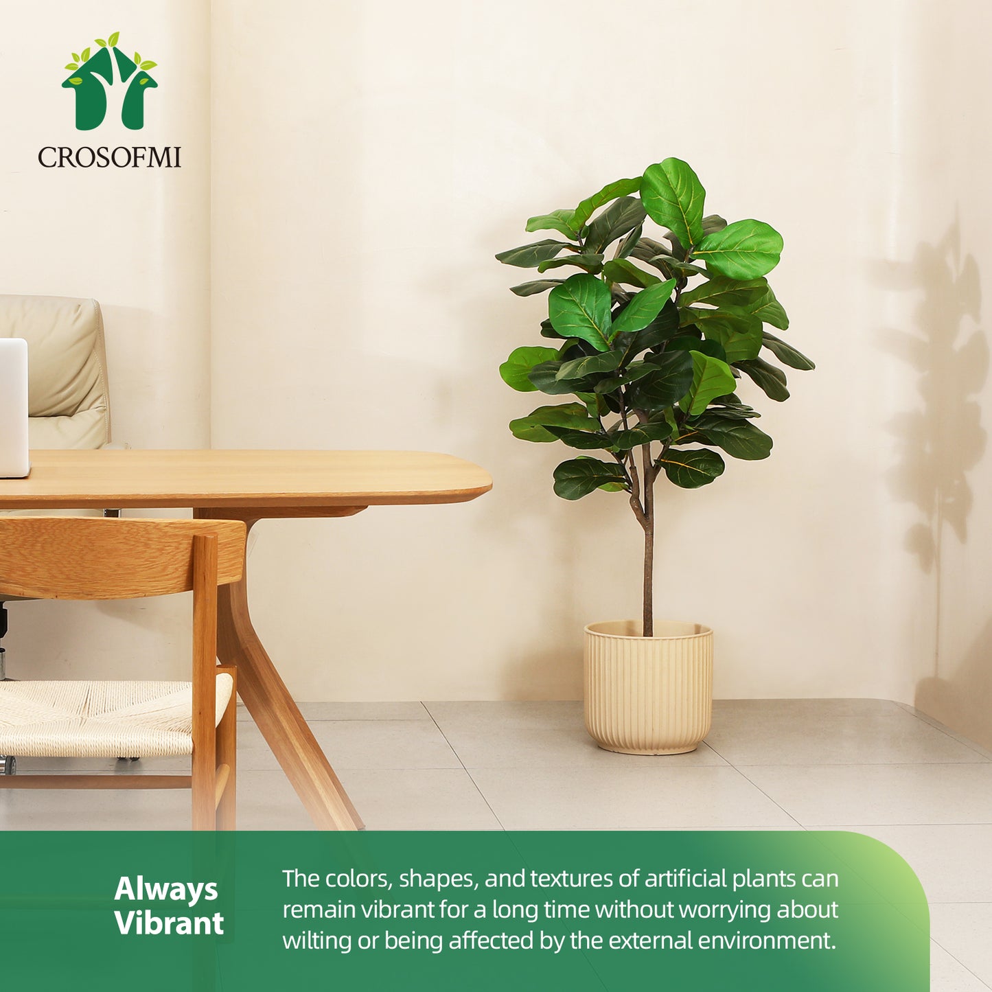 CROSOFMI Artificial Fiddle Leaf Fig Tree 50 Inch Fake Ficus Lyrata Plant with 56 Leaves Faux Plants in Pot for Indoor Outdoor House Home Office Garden Modern Decoration Perfect Housewarming Gift，2pcs