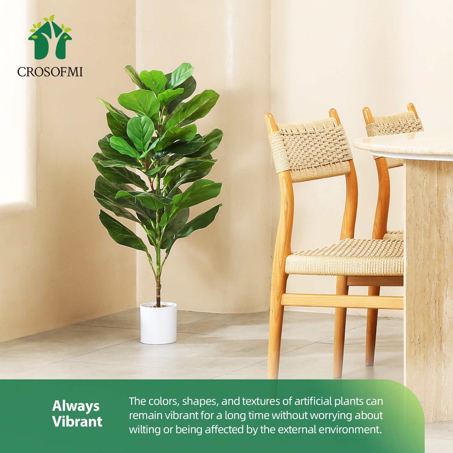 CROSOFMI Artificial Mini Fiddle Leaf Fig Tree 37 Inch Fake Ficus Lyrata Plant with 15 Leaves Faux Plants in White Pot for Indoor House Home Office Modern Decoration Perfect Housewarming Gift