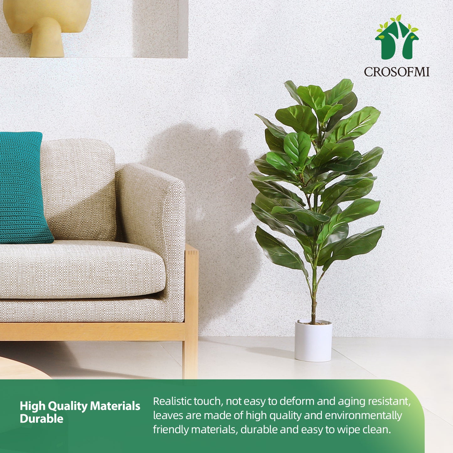 CROSOFMI Artificial Mini Fiddle Leaf Fig Tree 37 Inch Fake Ficus Lyrata Plant with 15 Leaves Faux Plants in White Pot for Indoor House Home Office Modern Decoration Perfect Housewarming Gift