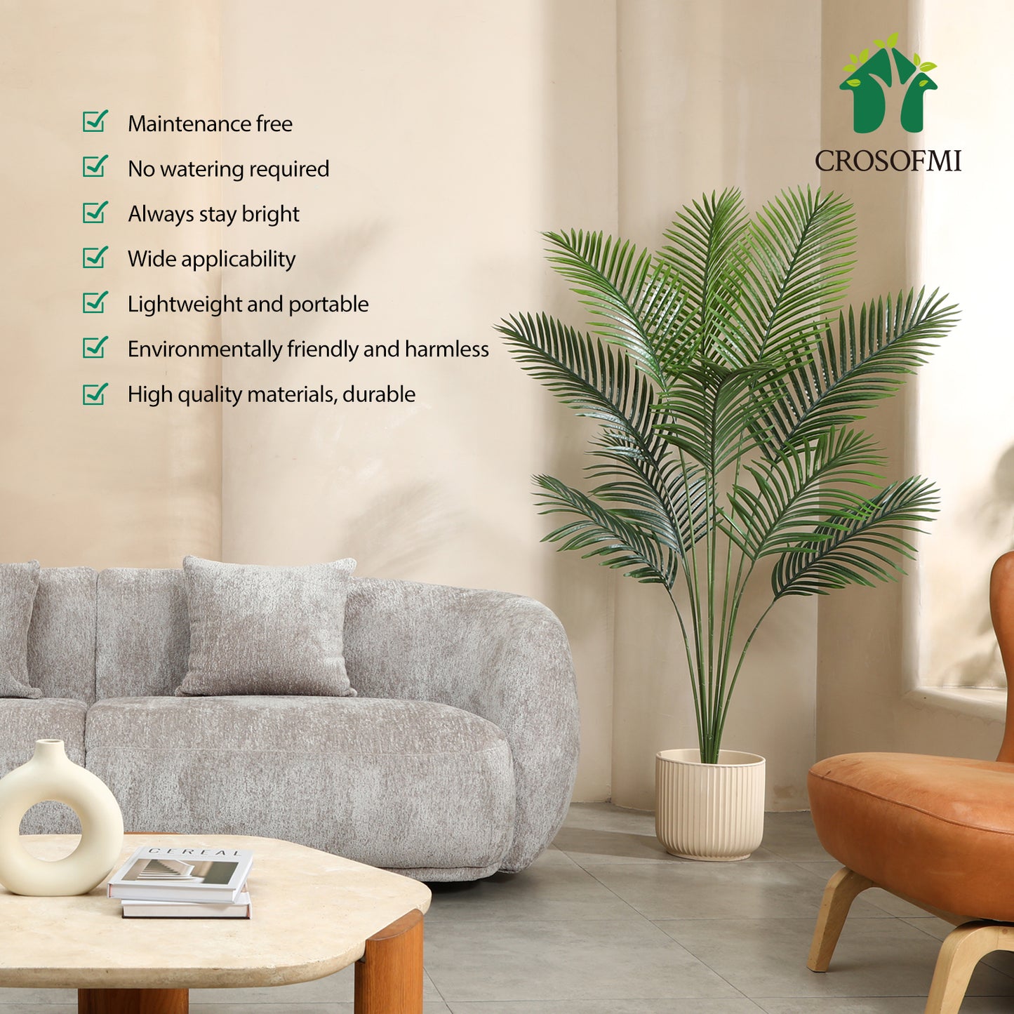 CROSOFMI Artificial Areca Palm Tree 6 Feet Fake Tropical Palm Tree,Perfect Faux Dypsis Lutescens Plants in Pot for Indoor Outdoor Home Office Garden Modern Decoration Housewarming Gift，2pcs