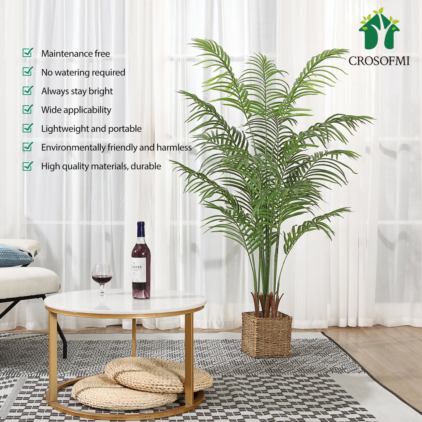 CROSOFMI Artificial Areca Palm Plant 6Feet Fake Tropical Palm Tree, Perfect Faux Dypsis Lutescens Plants in Pot for Indoor Outdoor House Home Office Garden Modern Decoration Housewarming Gift-1Pack