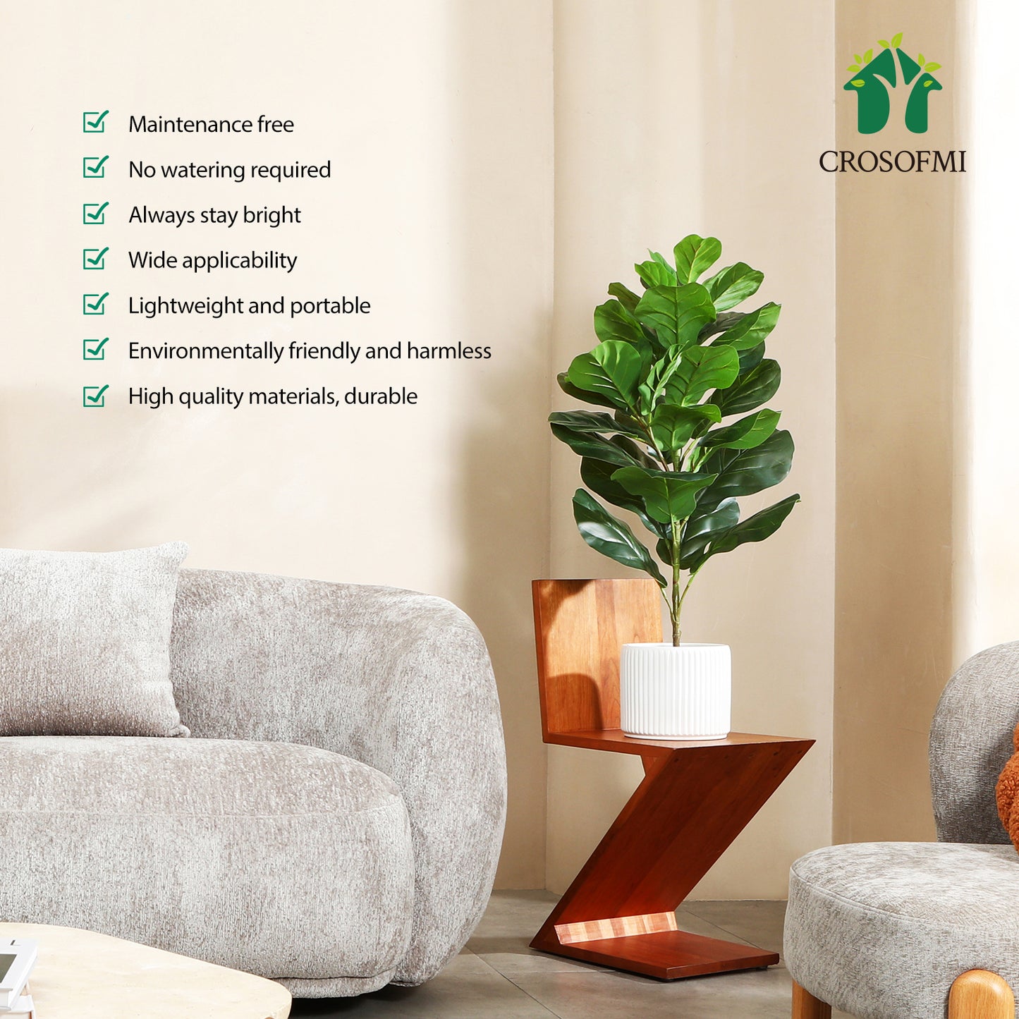CROSOFMI Artificial Mini Fiddle Leaf Fig Tree 37 Inch Fake Ficus Lyrata Plant with 15 Leaves Faux Plants in White Pot for Indoor House Home Office Modern Decoration Perfect Housewarming Gift