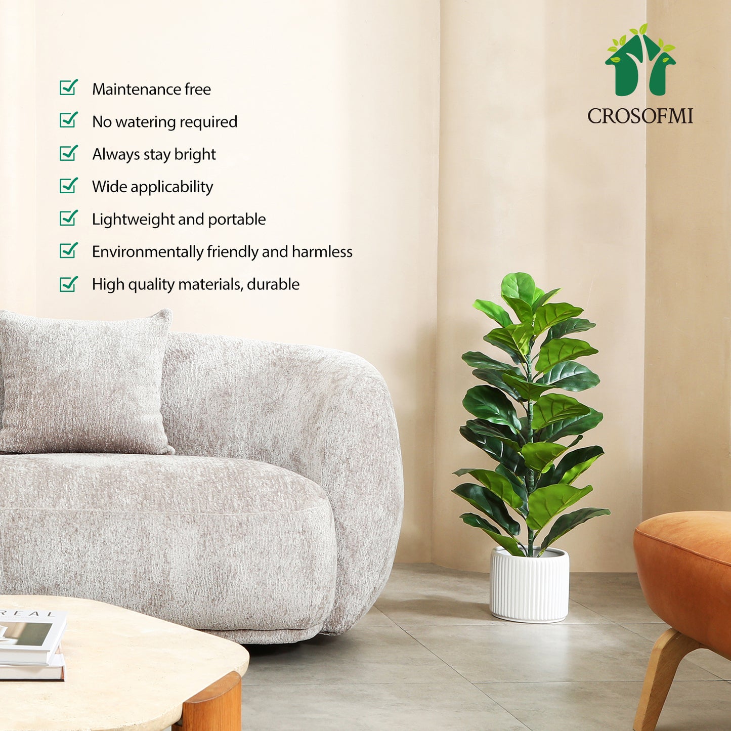 CROSOFMI Artificial Fiddle Leaf Fig Tree 35 Inch Fake Ficus Lyrata Plant with 28 Leaves Faux Plants in Pot for Indoor Outdoor House Home Office Garden Modern Decoration Perfect Housewarming Gift