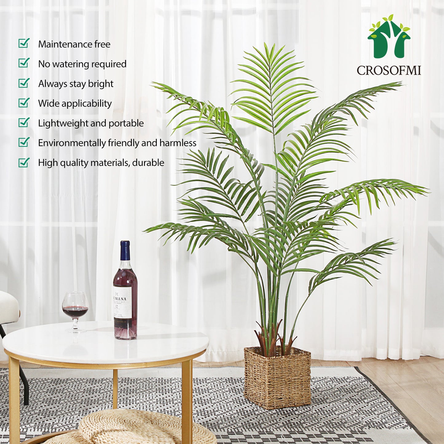 CROSOFMI Artificial Areca Palm Plant 5 Feet Fake Palm Tree with 13 Leaves Faux Yellow Palm in Pot for Indoor Outdoor House Home Office Modern Decoration Perfect Housewarming Gift