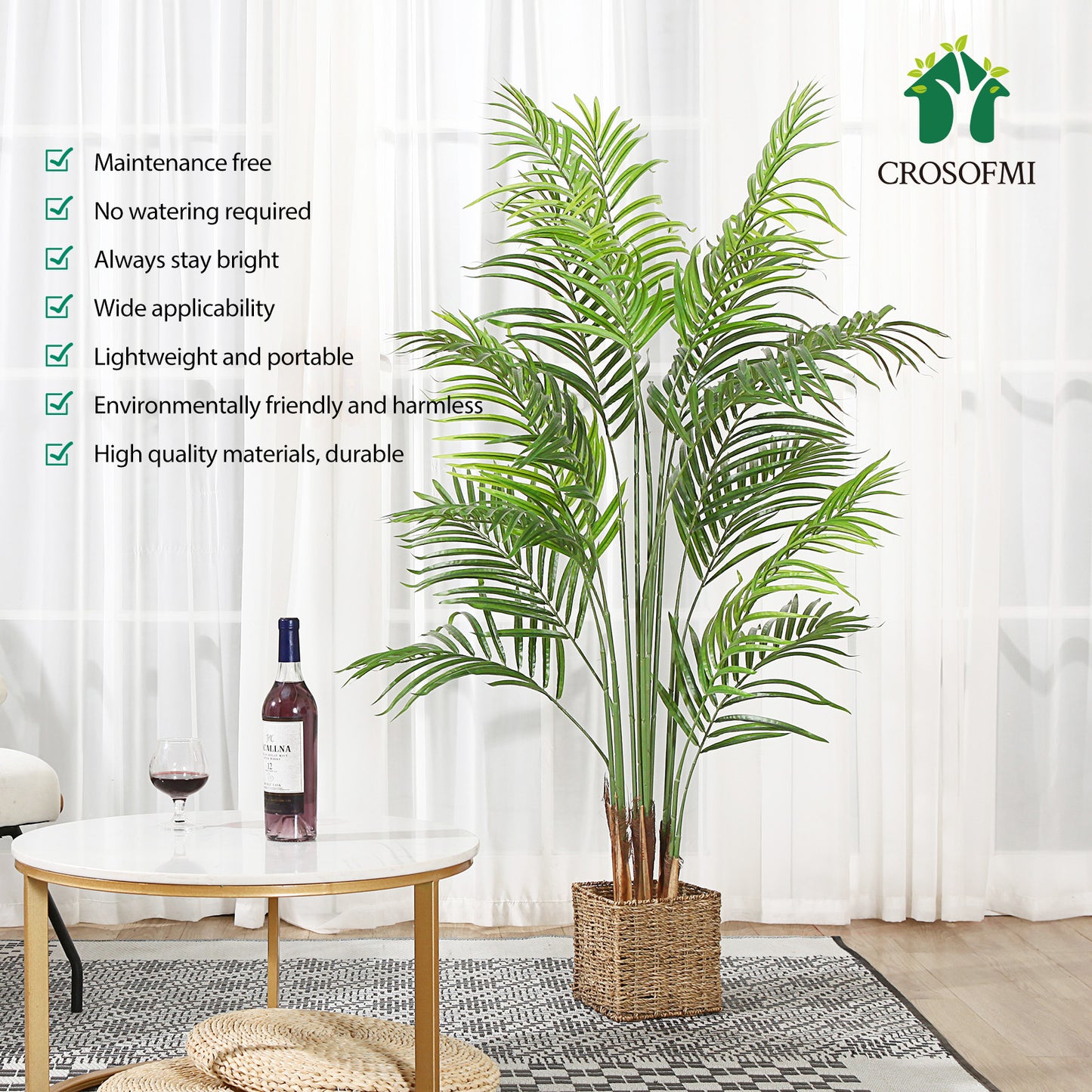 CROSOFMI Artificial Areca Palm Plant 5.5 Feet Fake Palm Tree with 15 Leaves Faux Yellow Palm in Pot for Indoor Outdoor House Home Office Modern Decoration Perfect Housewarming Gift