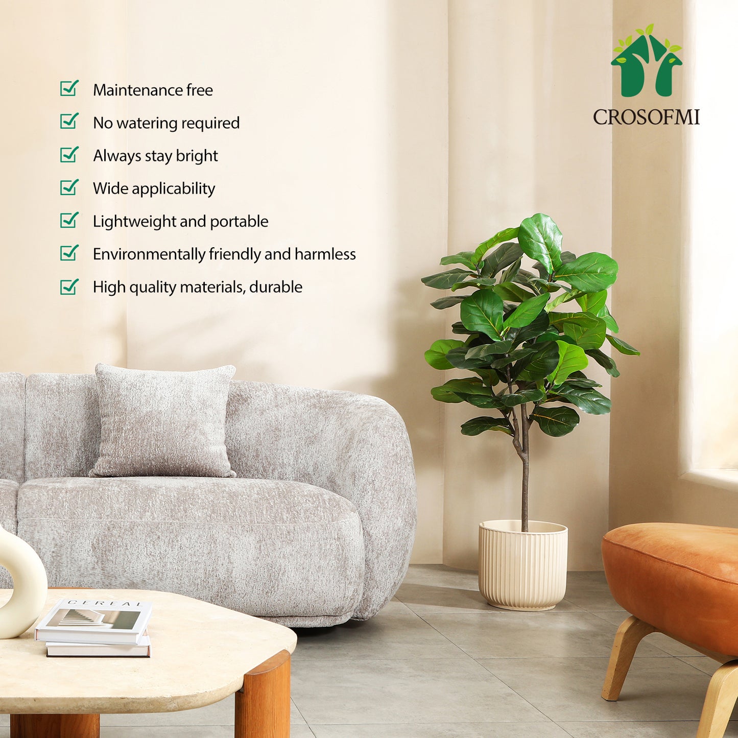 CROSOFMI Artificial Fiddle Leaf Fig Tree 50 Inch Fake Ficus Lyrata Plant with 56 Leaves Faux Plants in Pot for Indoor Outdoor House Home Office Garden Modern Decoration Perfect Housewarming Gift
