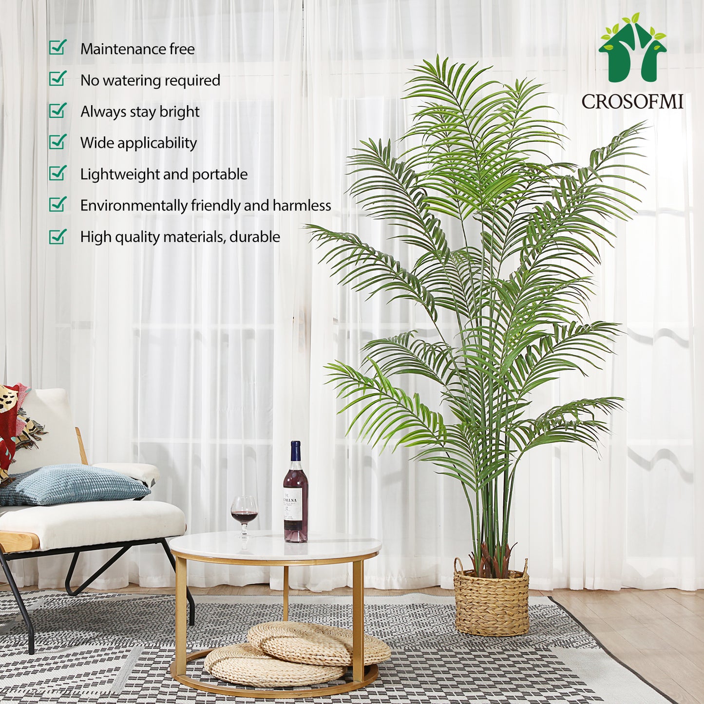 CROSOFMI Artificial Areca Palm Plant 6.5 Feet Fake Tropical Palm Tree, Perfect Faux Dypsis Lutescens Plants in Pot for Indoor Outdoor House Home Office Garden Modern Decoration Housewarming Gift-2Pack