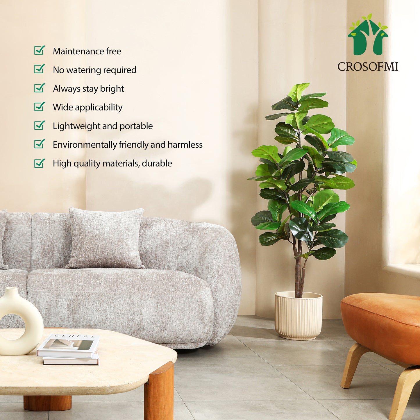 CROSOFMI Artificial Fiddle Leaf Fig Tree 65 Inch Fake Ficus Lyrata Plant with 68 Leaves Faux Plants in Pot for Indoor Outdoor House Home Office Garden Modern Decoration Perfect Housewarming Gift Visit the CROSOFMI Store，2pcs
