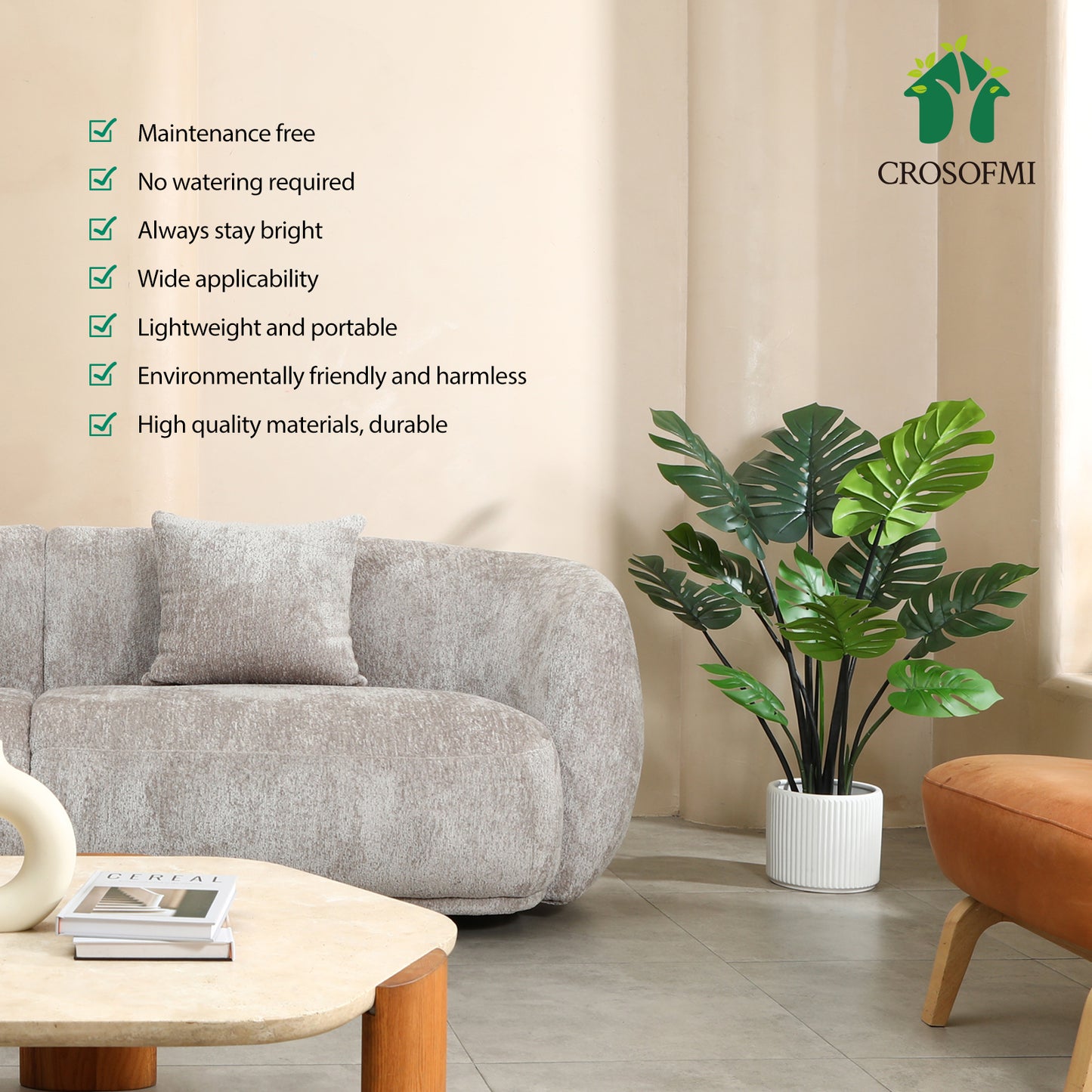 CROSOFMI Artificial Monstera Deliciosa Plant 47" Fake Tropical Palm Tree, Perfect Faux Swiss Cheese Plants in Pot for Indoor Outdoor House Home Office Garden Modern Decoration Housewarming Gift