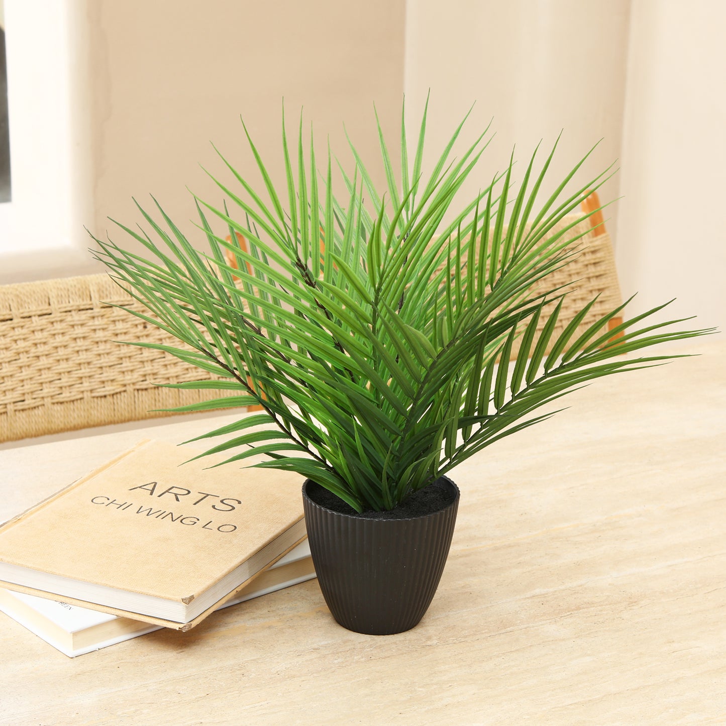CROSOFMI Artificial Paradise Palm Tree Plant 12 Inch Fake Palm Plant with 9 Leaves Faux Palm in Pot for Indoor House Home Office Modern Decoration Perfect Housewarming Gift,1Pack