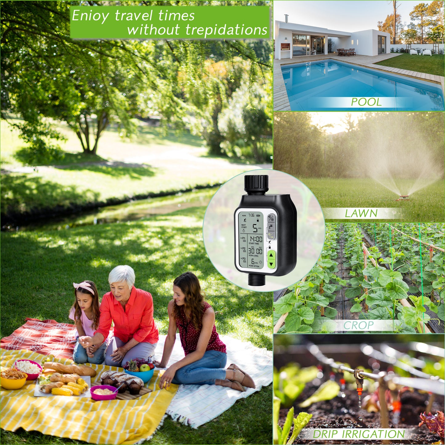 CROSOFMI Sprinkler Timer,Water Timer with 3 Separate Watering Programs and Rain Auto Sensor Function,Garden Lawn Hose Faucet Timer Irrigation System Controller/Child Lock/Rain Barrel/3.5' HD Screen