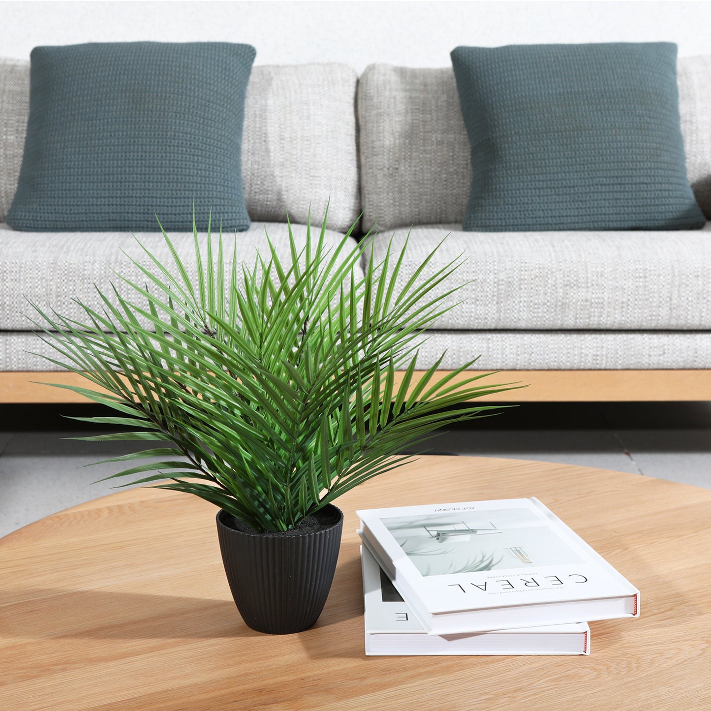 CROSOFMI Artificial Paradise Palm Tree Plant 12 Inch Fake Palm Plant with 9 Leaves Faux Palm in Pot for Indoor House Home Office Modern Decoration Perfect Housewarming Gift,1Pack