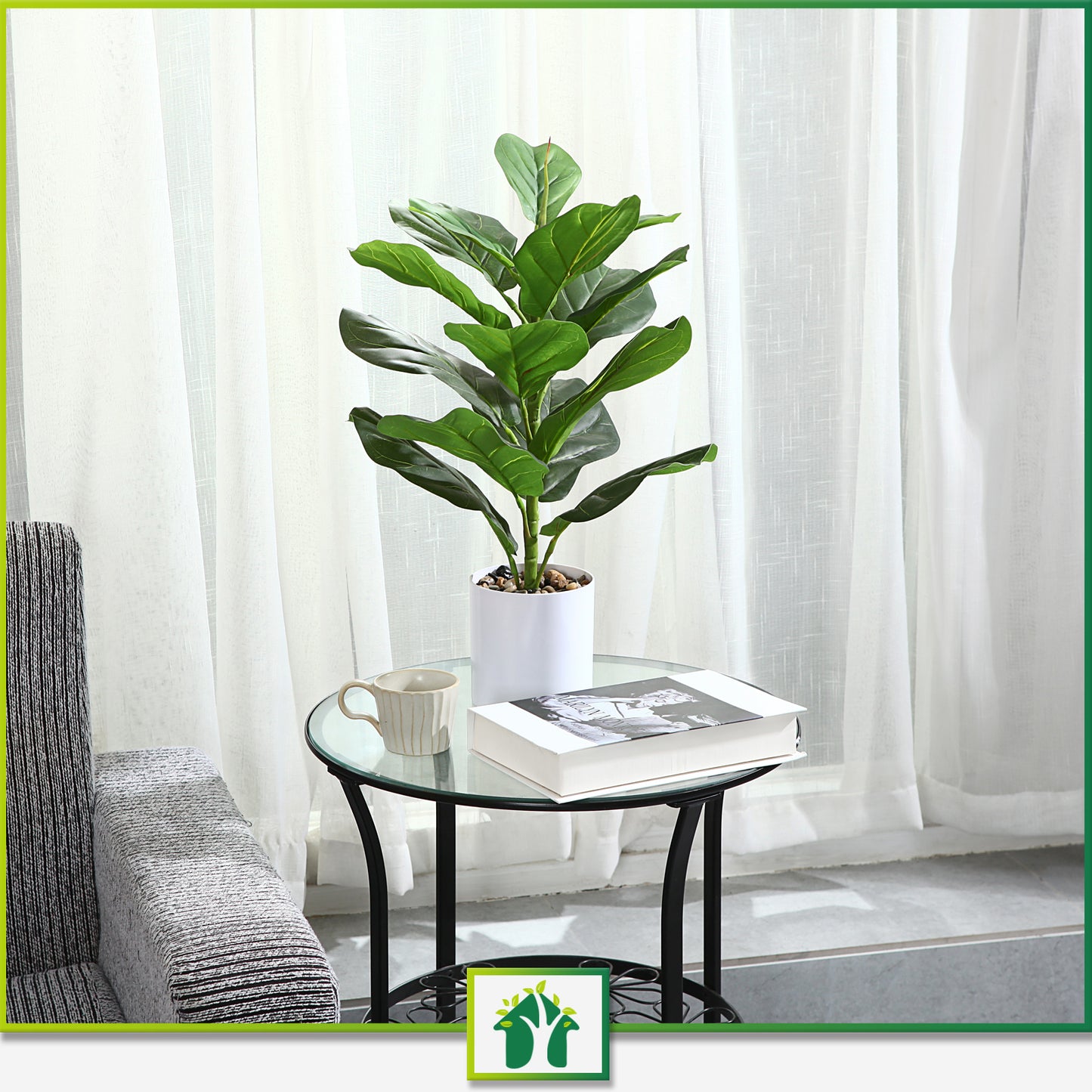 CROSOFMI Artificial Mini Fiddle Leaf Fig Tree 22 Inch Fake Ficus Lyrata Plant with 15 Leaves Faux Plants in White Pot for Indoor House Home Office Modern Decoration Perfect Housewarming Gift