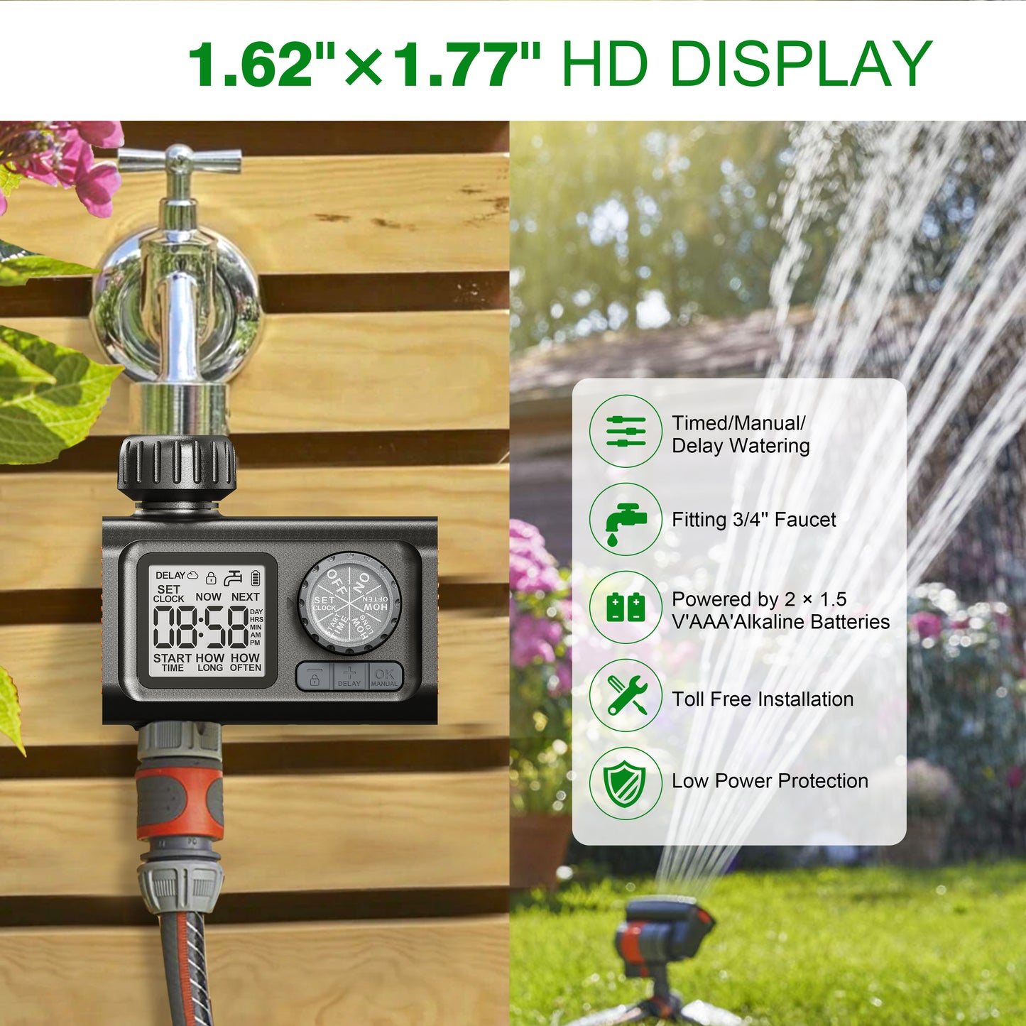 CROSOFMI Sprinkler Timer, Programmable Water Timer Digital Programmable Garden Lawn Hose Faucet Timer Irrigation System Controller with Child Lock Mode, Auto/Manual Mode, Rain Delay, IPX5 Waterproof