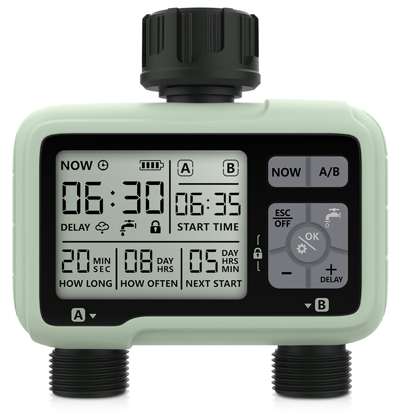CROSOFMI Water Timer 2 Outputs Garden Water Timer Automatic Irrigation/LCD Screen/Easy Operation/Child Lock/Heavy Rain Delay/Manual Irrigation