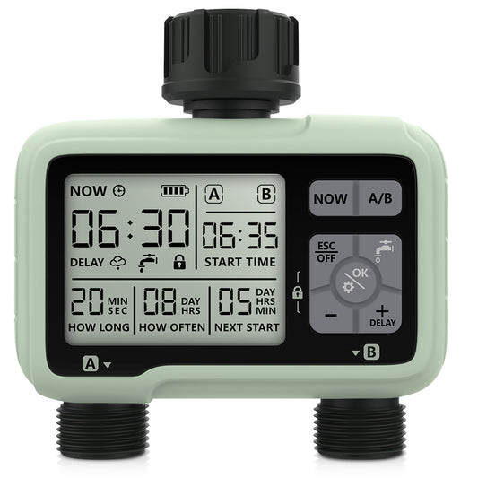 CROSOFMI Water Timer 2 Outputs Garden Water Timer Automatic Irrigation/LCD Screen/Easy Operation/Child Lock/Heavy Rain Delay/Manual Irrigation