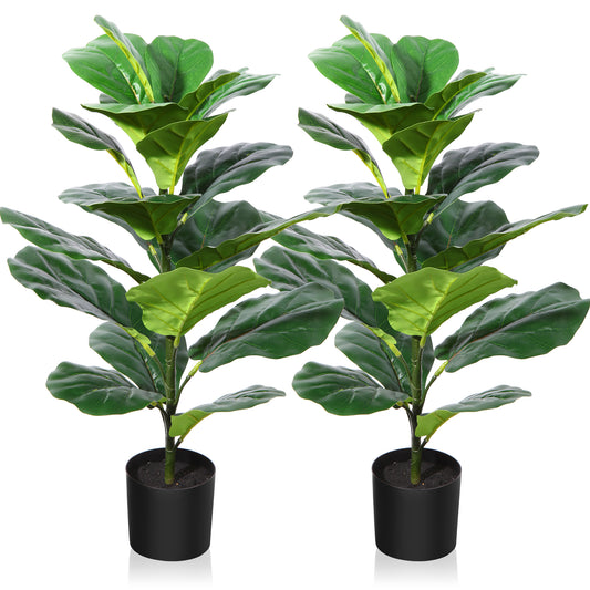 CROSOFMI Artificial Fiddle Leaf Fig Tree 35 Inch Fake Ficus Lyrata Plant with 28 Leaves Faux Plants in Pot for Indoor Outdoor House Home Office Garden Modern Decoration Perfect Housewarming Gift，2pcs