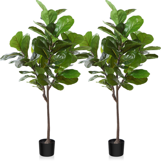 CROSOFMI Artificial Fiddle Leaf Fig Tree 50 Inch Fake Ficus Lyrata Plant with 56 Leaves Faux Plants in Pot for Indoor Outdoor House Home Office Garden Modern Decoration Perfect Housewarming Gift，2pcs