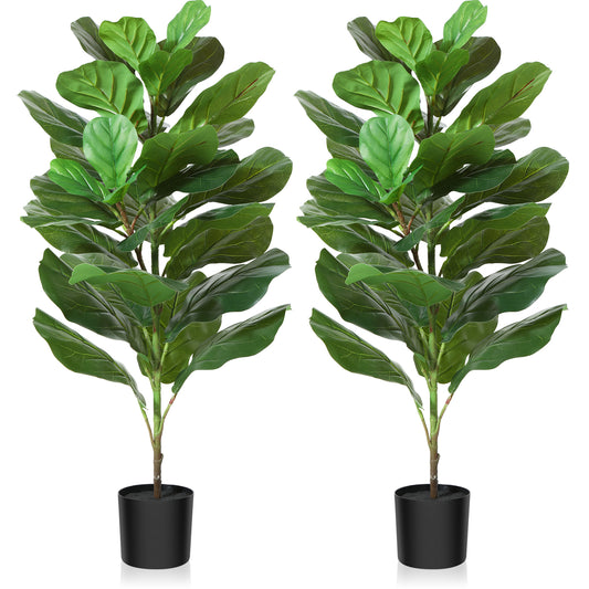 CROSOFMI Artificial Mini Fiddle Leaf Fig Tree 37 Inch Fake Ficus Lyrata Plant with 32 Leaves Faux Plants in Pot for Indoor House Home Office Modern Decoration Perfect Housewarming Gift，2pcs