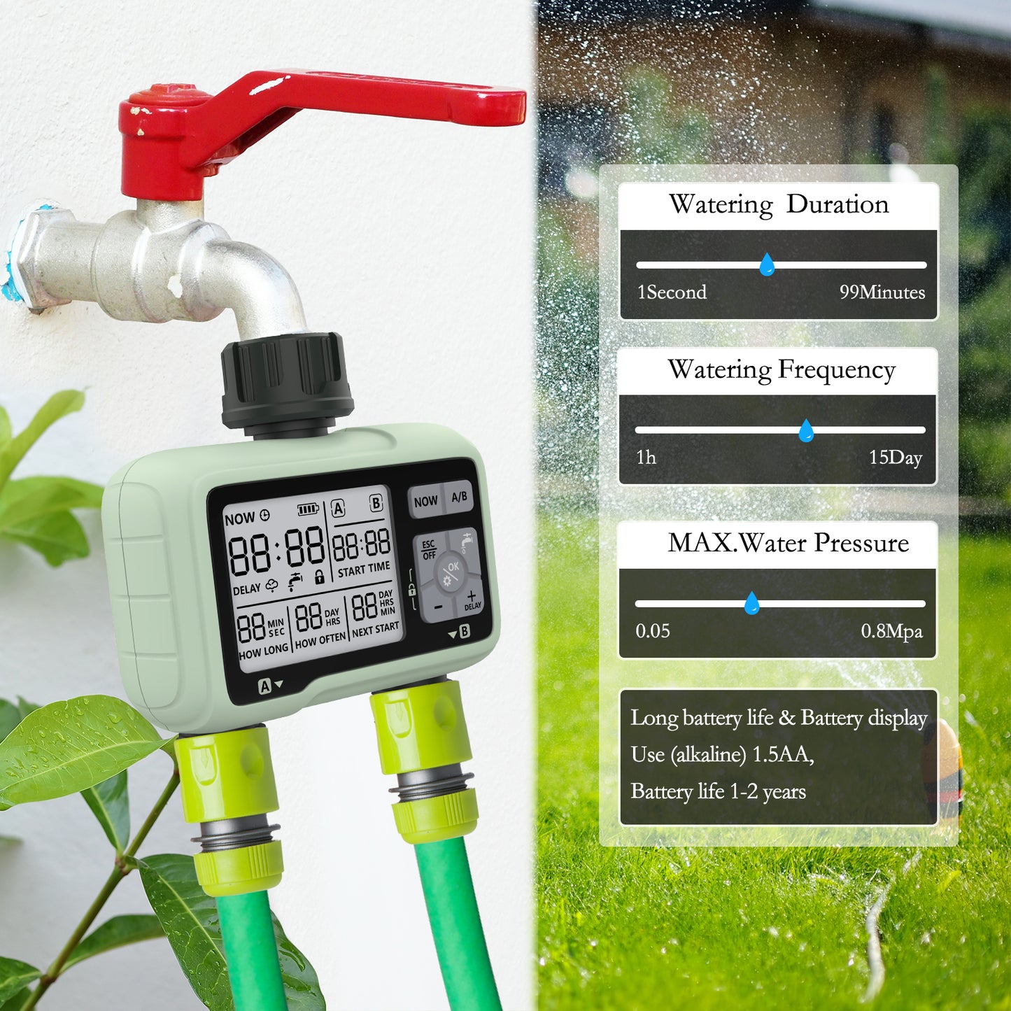 CROSOFMI Water Timer 2 Outputs Garden Water Timer Automatic Irrigation/LCD Screen/Easy Operation/Child Lock/Heavy Rain Delay/Manual Irrigation