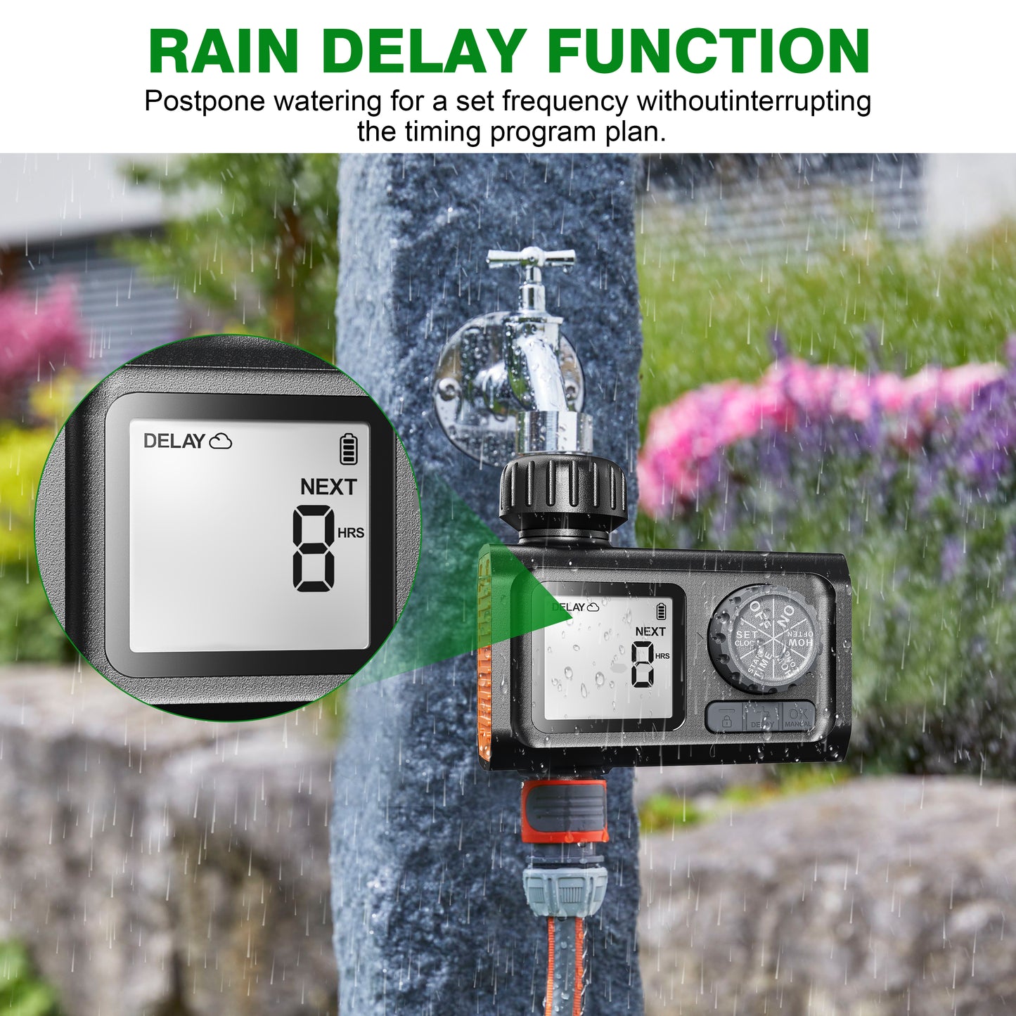CROSOFMI Sprinkler Timer, Programmable Water Timer Digital Programmable Garden Lawn Hose Faucet Timer Irrigation System Controller with Child Lock Mode, Auto/Manual Mode, Rain Delay, IPX5 Waterproof