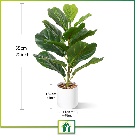 CROSOFMI Artificial Mini Fiddle Leaf Fig Tree 22 Inch Fake Ficus Lyrata Plant with 15 Leaves Faux Plants in White Pot for Indoor House Home Office Modern Decoration Perfect Housewarming Gift