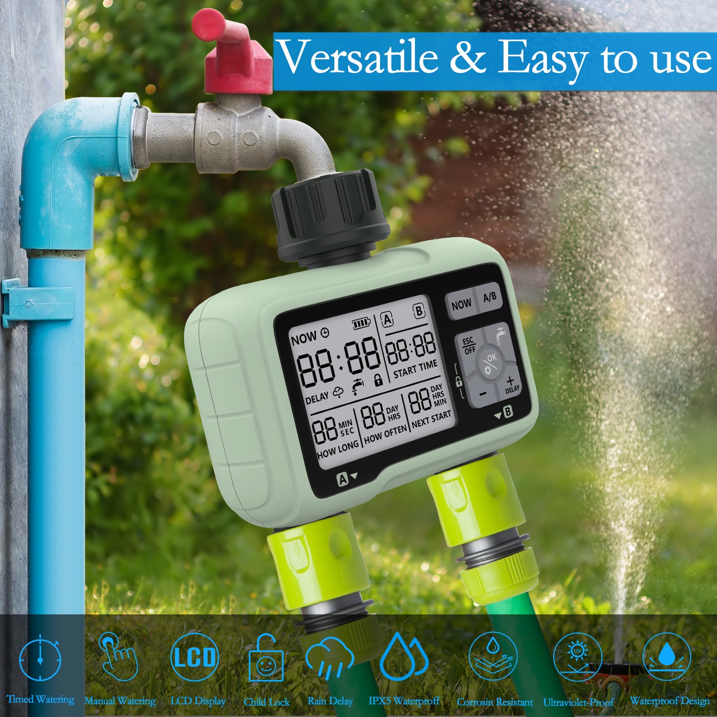 CROSOFMI Water Timer 2 Outputs Garden Water Timer Automatic Irrigation/LCD Screen/Easy Operation/Child Lock/Heavy Rain Delay/Manual Irrigation