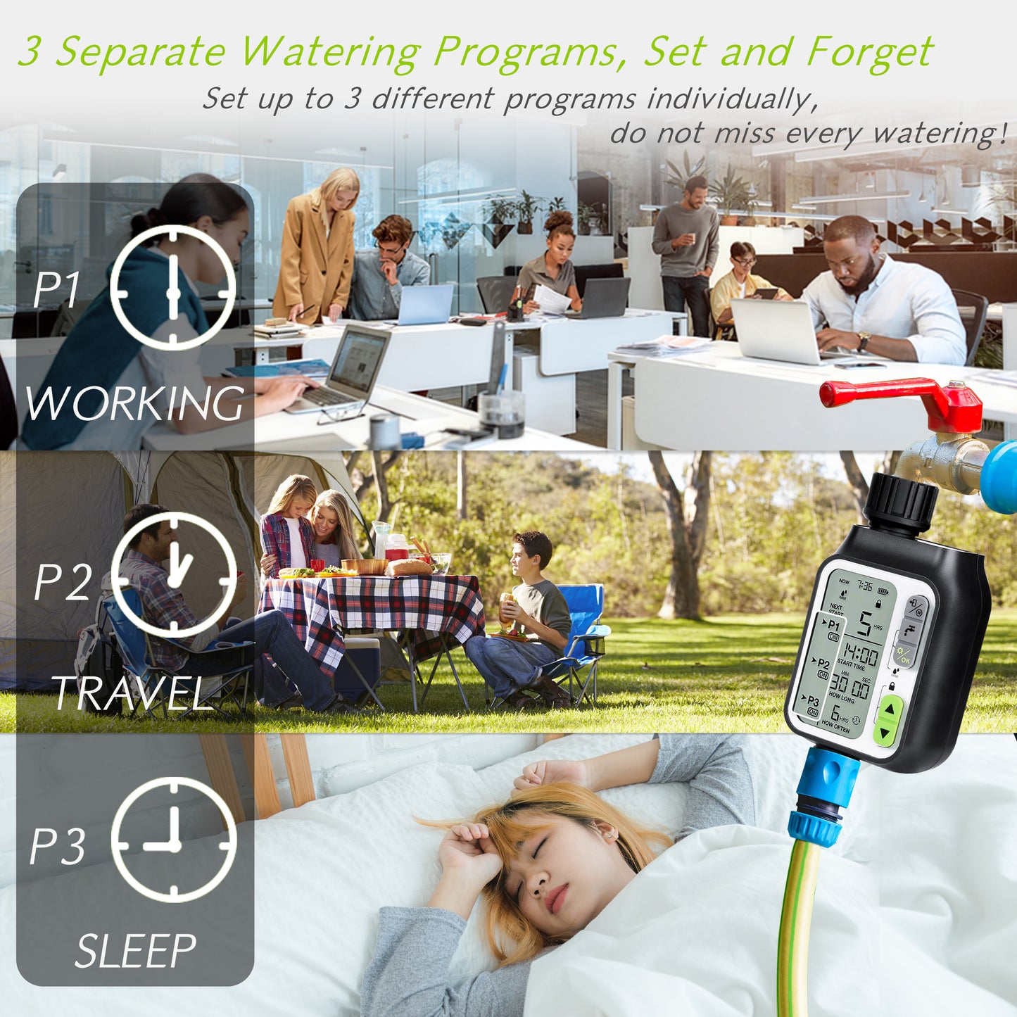 CROSOFMI Sprinkler Timer,Water Timer with 3 Separate Watering Programs and Rain Auto Sensor Function,Garden Lawn Hose Faucet Timer Irrigation System Controller/Child Lock/Rain Barrel/3.5' HD Screen