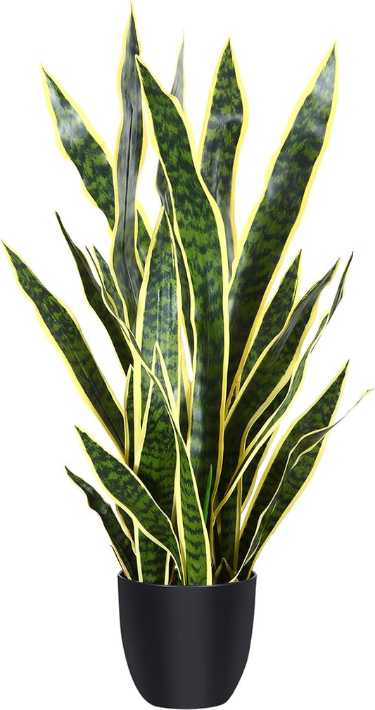 CROSOFMI Artificial Snake Plant 35 Inch Fake Sansevieria Tree with 32 Leaves Perfect Faux Mother in Law Plants in Pot for Indoor House Home Office Garden Modern Decoration Housewarming Gift,Yellow