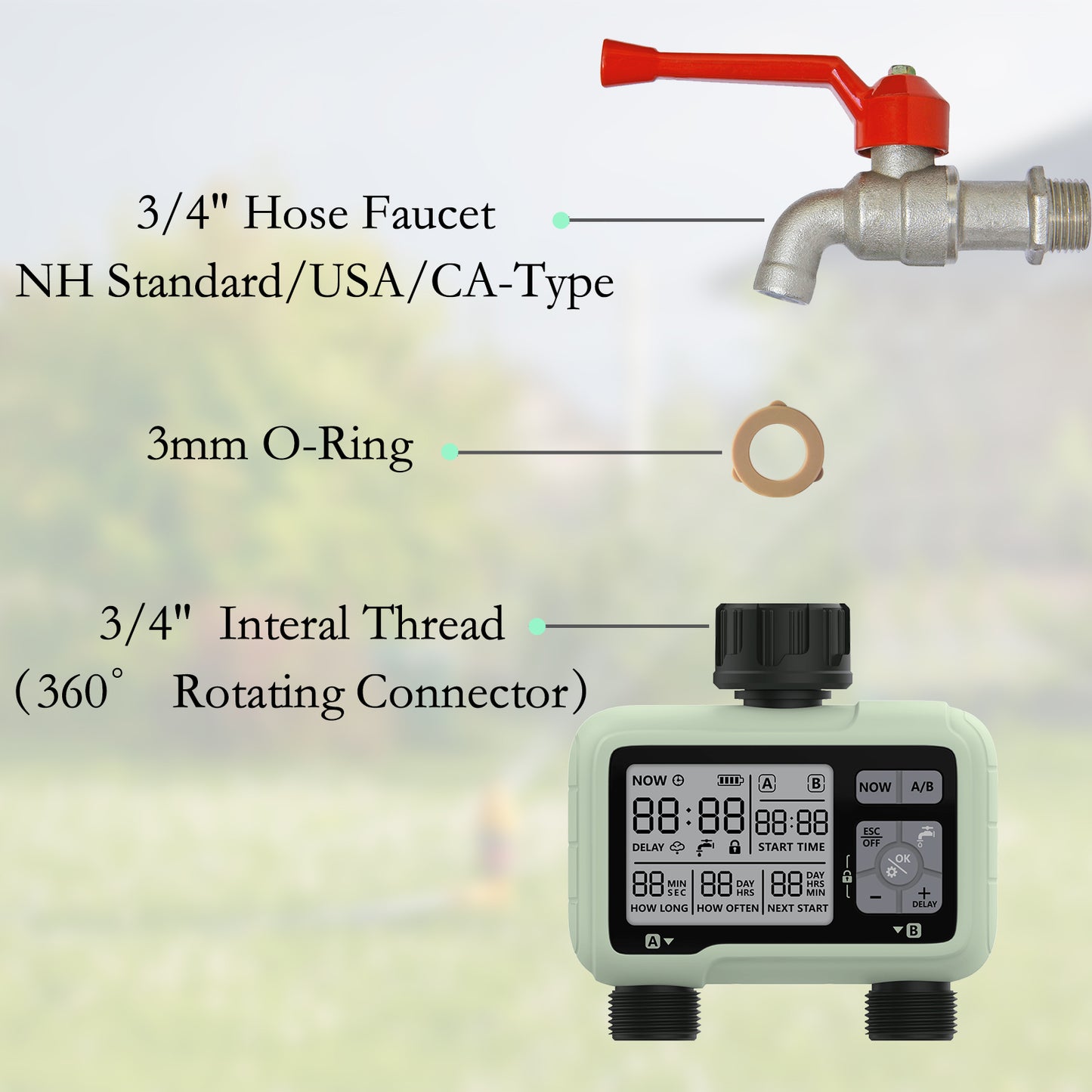 CROSOFMI Water Timer 2 Outputs Garden Water Timer Automatic Irrigation/LCD Screen/Easy Operation/Child Lock/Heavy Rain Delay/Manual Irrigation
