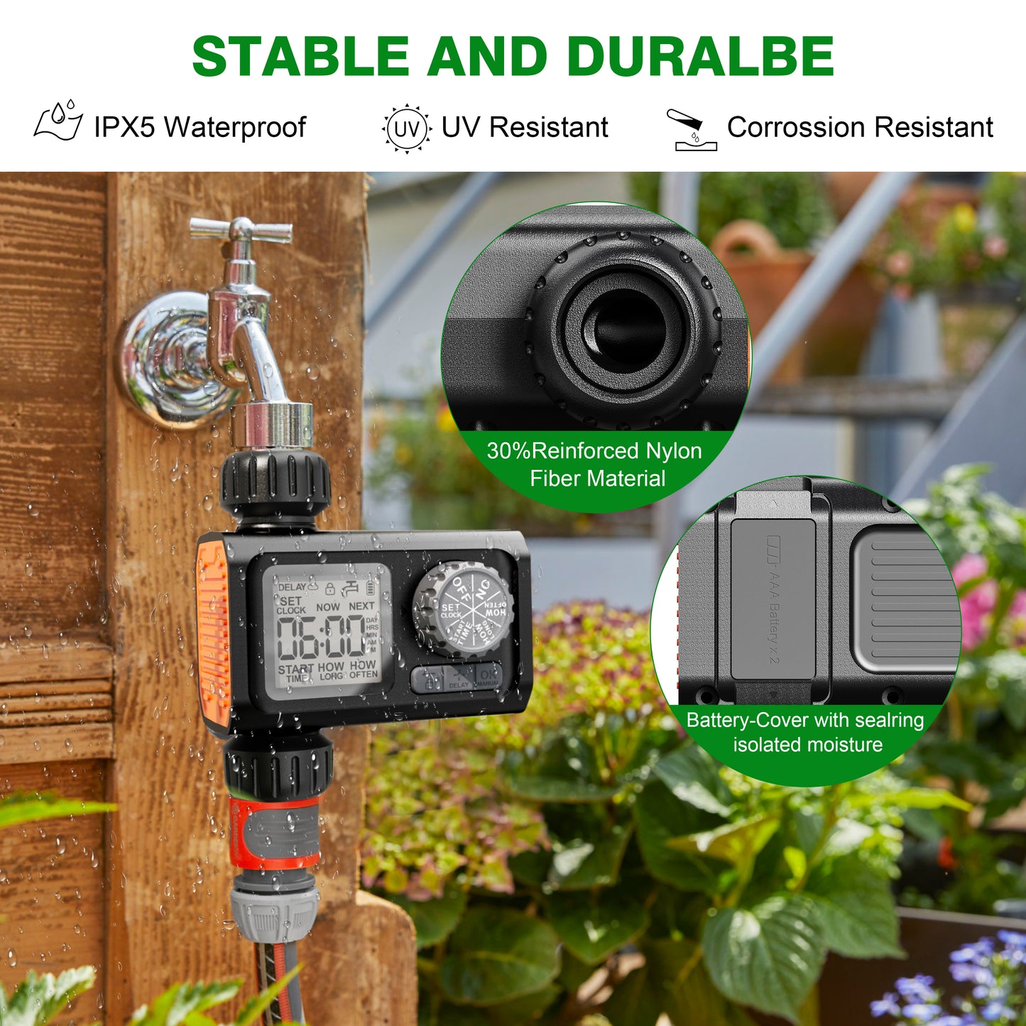 CROSOFMI Sprinkler Timer, Programmable Water Timer Digital Programmable Garden Lawn Hose Faucet Timer Irrigation System Controller with Child Lock Mode, Auto/Manual Mode, Rain Delay, IPX5 Waterproof