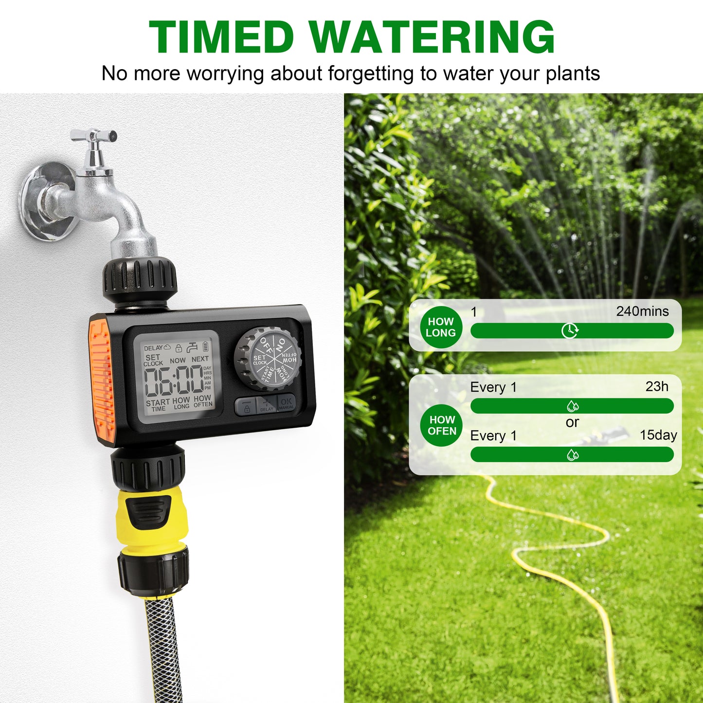 CROSOFMI Sprinkler Timer, Programmable Water Timer Digital Programmable Garden Lawn Hose Faucet Timer Irrigation System Controller with Child Lock Mode, Auto/Manual Mode, Rain Delay, IPX5 Waterproof