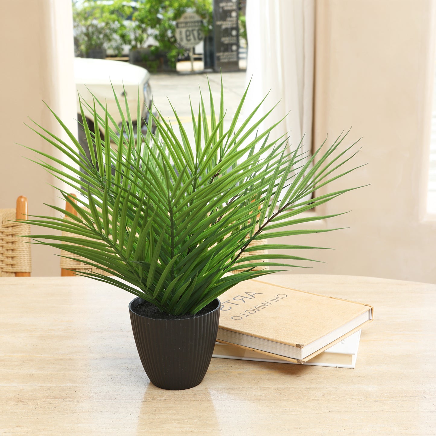 CROSOFMI Artificial Paradise Palm Tree Plant 12 Inch Fake Palm Plant with 9 Leaves Faux Palm in Pot for Indoor House Home Office Modern Decoration Perfect Housewarming Gift,1Pack